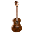 A ukulele with dark figured wood and Eddy Finn branding on a white background