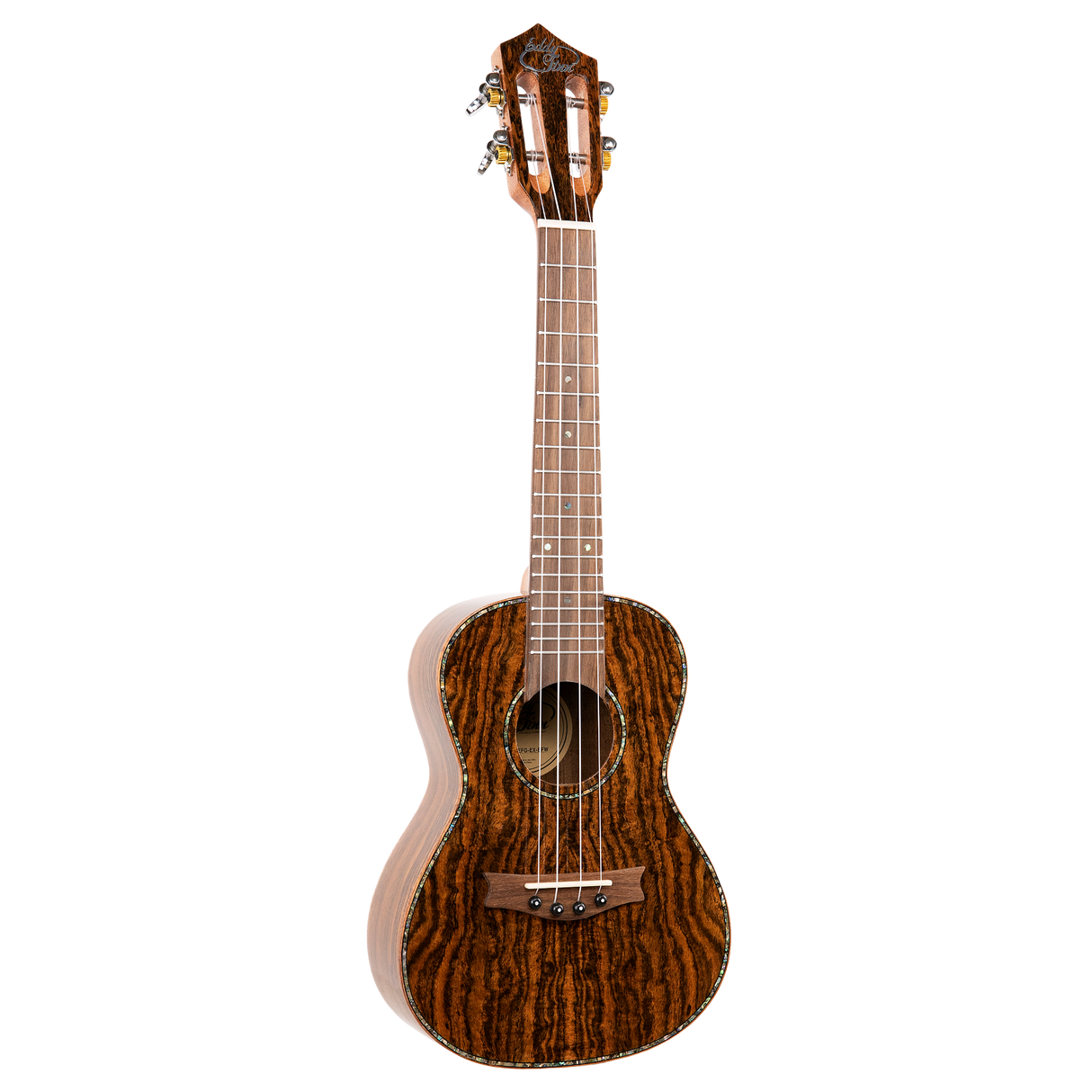 A ukulele with dark figured wood and Eddy Finn branding on a white background