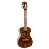 A ukulele with dark figured wood and Eddy Finn branding on a white background