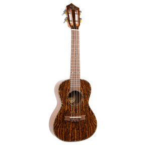 A ukulele with dark figured wood and Eddy Finn branding on a white background