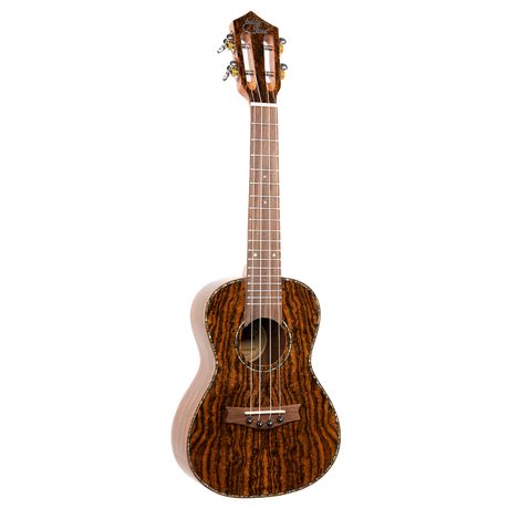 A ukulele with dark figured wood and Eddy Finn branding on a white background