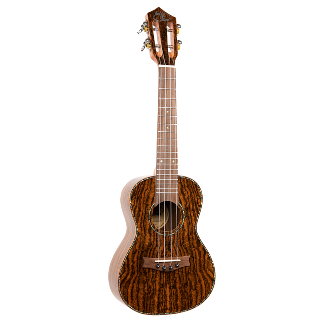 A ukulele with dark figured wood and Eddy Finn branding on a white background