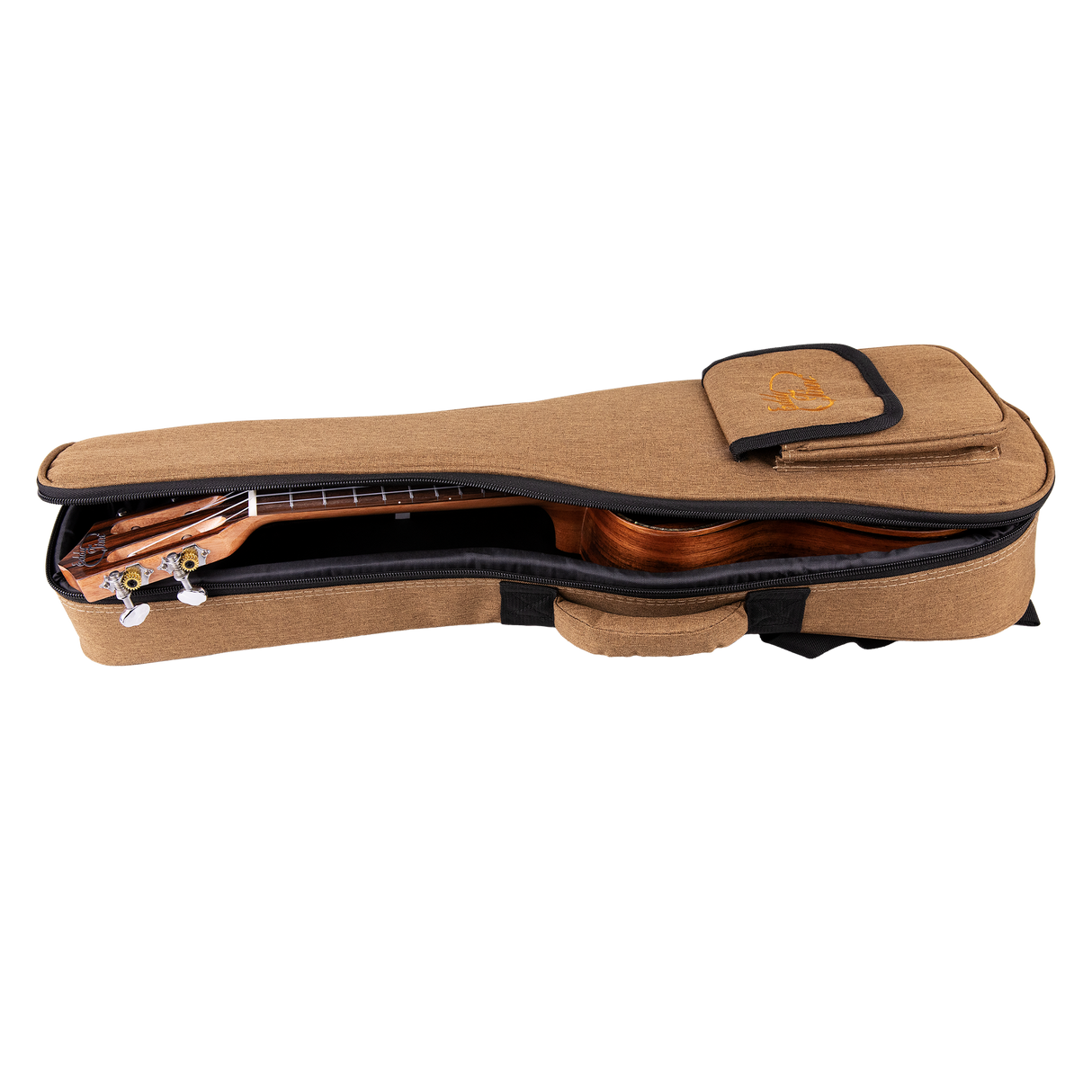 A ukulele inside a tan gig bag with Eddy Finn branding on a white background