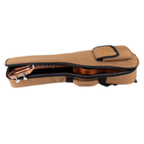 A ukulele inside a tan gig bag with Eddy Finn branding on a white background