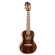 A ukulele with dark wood and Eddy Finn branding on a white background