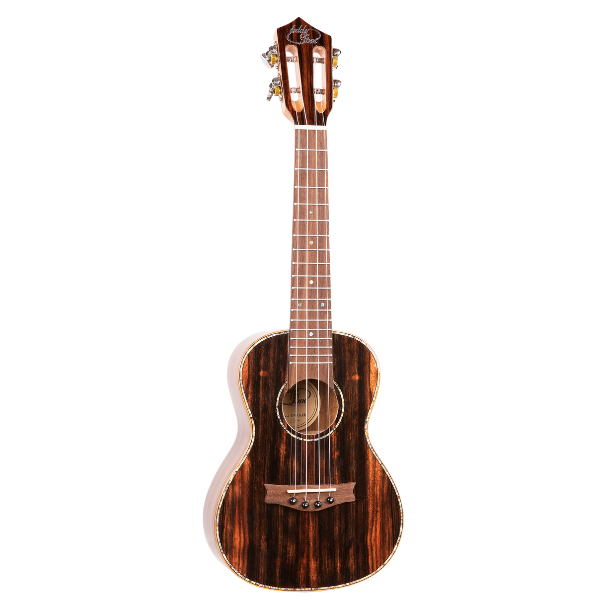 A ukulele with dark wood and Eddy Finn branding on a white background