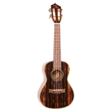 A ukulele with dark wood and Eddy Finn branding on a white background