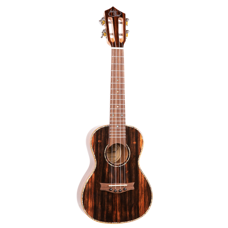 A ukulele with dark wood and Eddy Finn branding on a white background