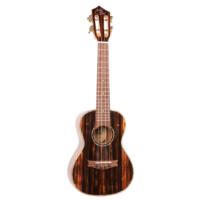 A ukulele with dark wood and Eddy Finn branding on a white background