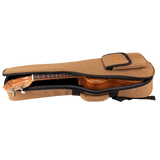 A ukulele inside of a tan gig bag with Eddy Finn branding on a white background