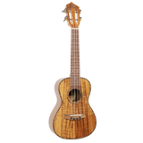 A ukulele with light colored wood and Eddy Finn branding on a white background