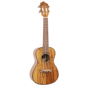 A ukulele with light colored wood and Eddy Finn branding on a white background