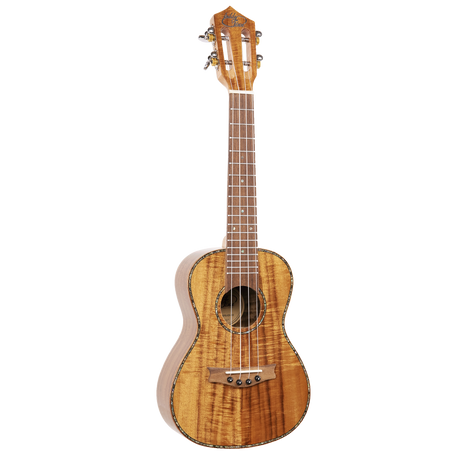 A ukulele with light colored wood and Eddy Finn branding on a white background