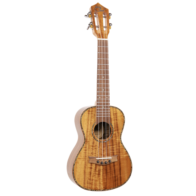 A ukulele with light colored wood and Eddy Finn branding on a white background