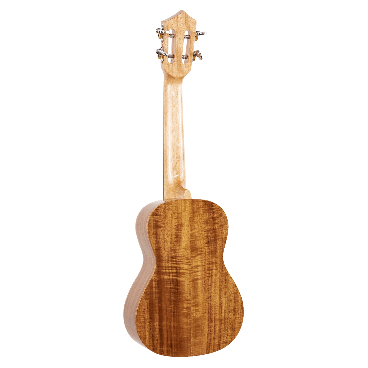 The backside of a ukulele with light colored wood on a white background