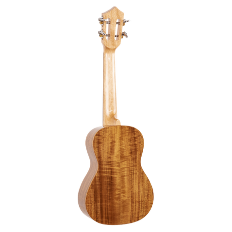 The backside of a ukulele with light colored wood on a white background