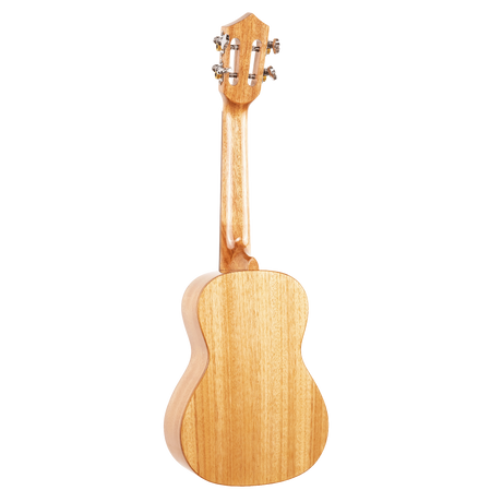 The backside of a ukulele with light colored wood on a white background