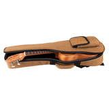A ukulele inside a tan colored gig bag with Eddy Finn branding on a white background