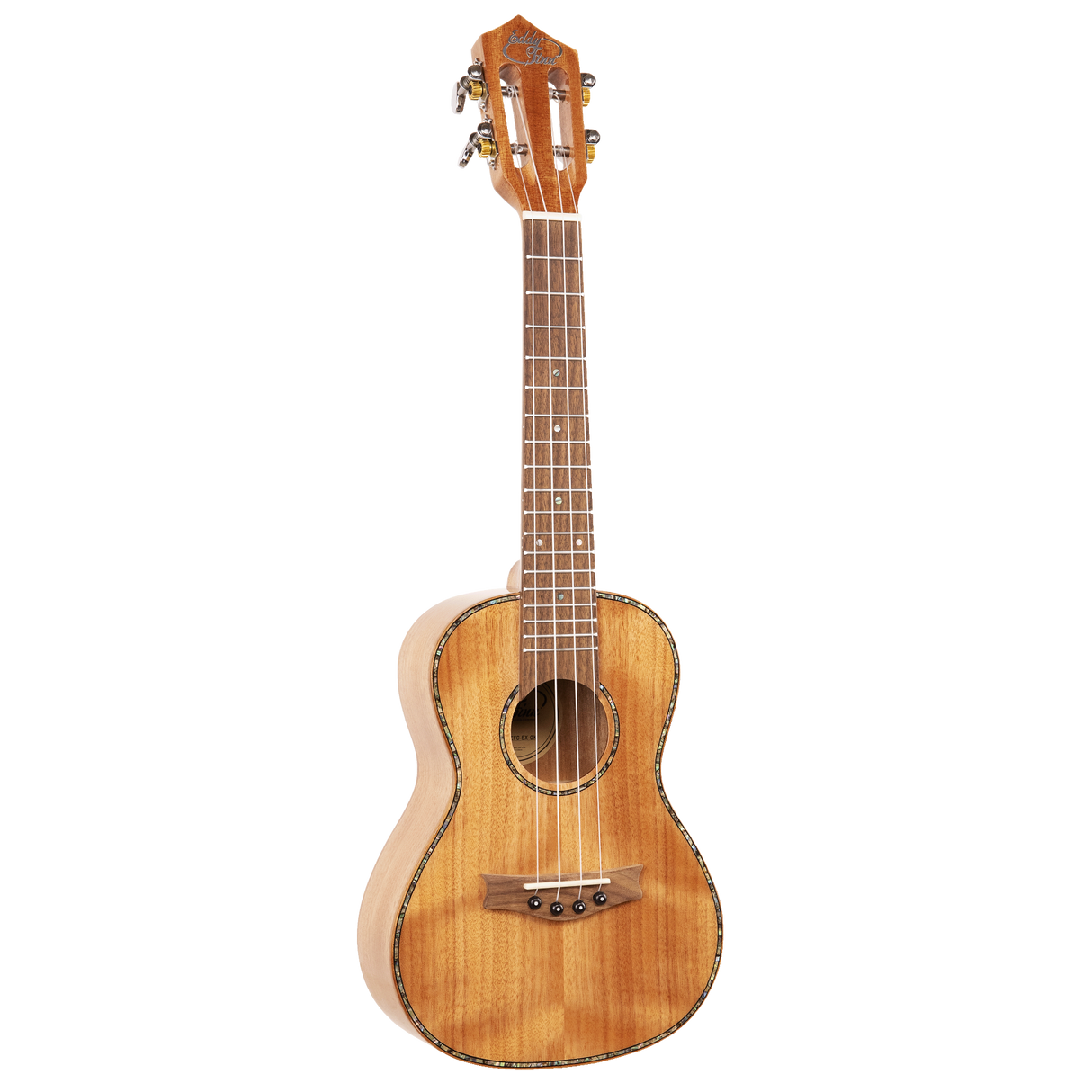 A ukulele with light colored wood and Eddy Finn branding on a white background