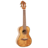 A ukulele with light colored wood and Eddy Finn branding on a white background