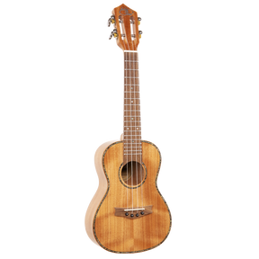 A ukulele with light colored wood and Eddy Finn branding on a white background