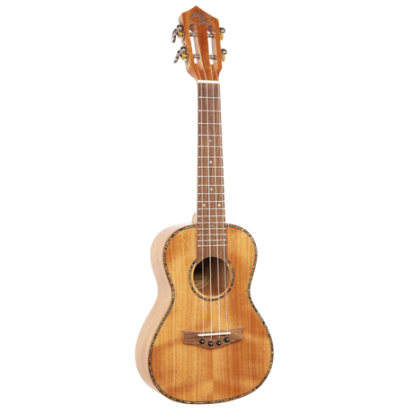 A ukulele with light colored wood and Eddy Finn branding on a white background