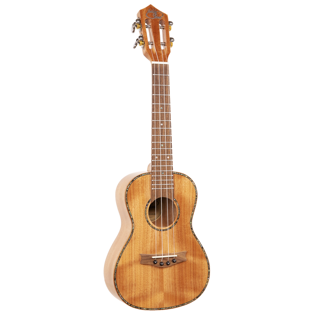 A ukulele with light colored wood and Eddy Finn branding on a white background
