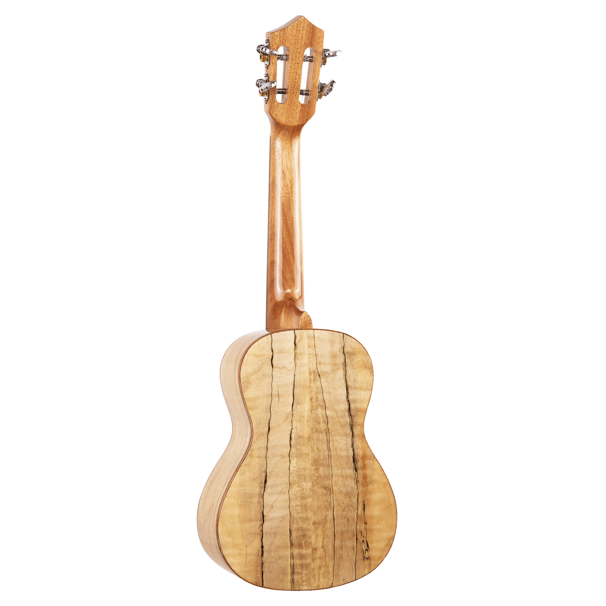 The backside of a ukulele with light colored wood and figuring on a white background