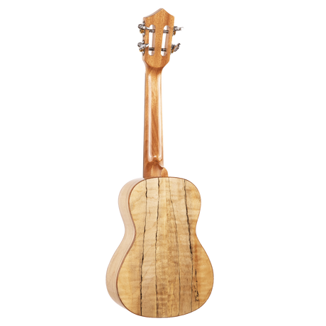 The backside of a ukulele with light colored wood and figuring on a white background
