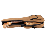 A ukulele inside a tan colored gig bag with Eddy Finn branding on a white background