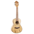 A ukulele made with light colored wood with figuring and Eddy Finn branding on a white background