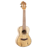 A ukulele made with light colored wood with figuring and Eddy Finn branding on a white background