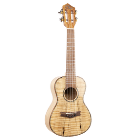 A ukulele made with light colored wood with figuring and Eddy Finn branding on a white background