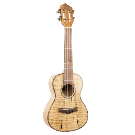 A ukulele made with light colored wood with figuring and Eddy Finn branding on a white background