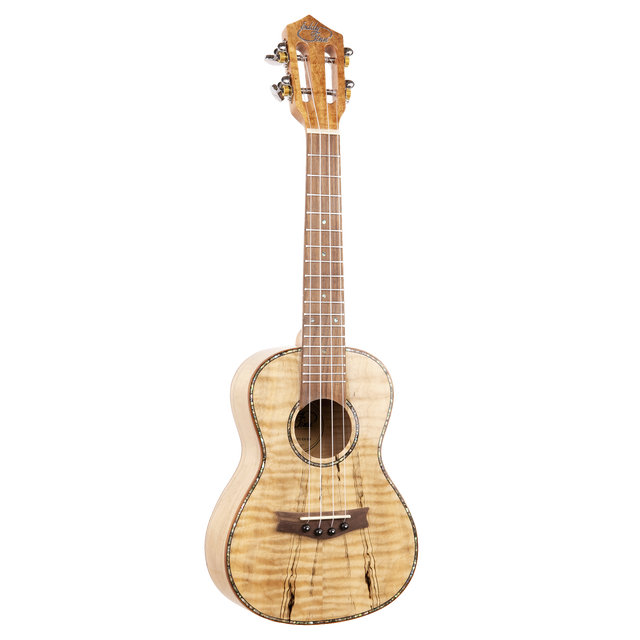 A ukulele made with light colored wood with figuring and Eddy Finn branding on a white background