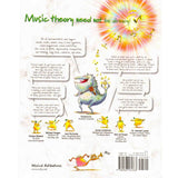 Back cover of a book with cartoon characters and text about music theory, featuring a colorful sun illustration.