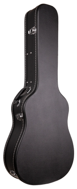 The image shows a black guitar hard case with a textured exterior, multiple chrome latches, reinforced edges, metal corner protectors, and a side handle. It is guitar-shaped to fit acoustic or electric guitars and provides strong protection during transport and storage, making it ideal for musicians needing durable, impact-resistant instrument protection.