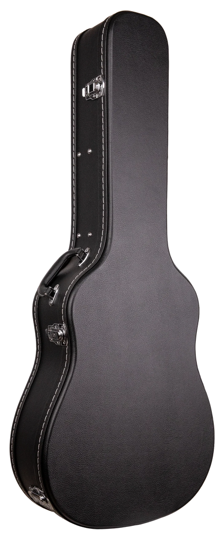 The image shows a black guitar hard case with a textured exterior, multiple chrome latches, reinforced edges, metal corner protectors, and a side handle. It is guitar-shaped to fit acoustic or electric guitars and provides strong protection during transport and storage, making it ideal for musicians needing durable, impact-resistant instrument protection.