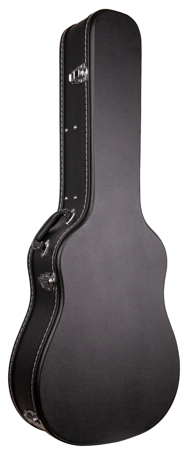 The image shows a black guitar hard case with a textured exterior, multiple chrome latches, reinforced edges, metal corner protectors, and a side handle. It is guitar-shaped to fit acoustic or electric guitars and provides strong protection during transport and storage, making it ideal for musicians needing durable, impact-resistant instrument protection.