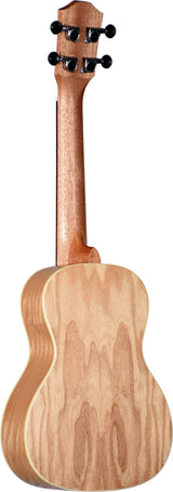The image shows the back of a natural wood ukulele with a light wood finish, visible grain, and light binding. It features a well-crafted neck and body, six black tuning pegs arranged 3+3 with chrome hardware—unusual for a four-string ukulele. The shape is traditional with a smooth, polished surface. The photo is set against a white background, highlighting its quality craftsmanship and unique tuning setup.