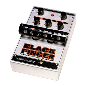 Top view of the Electro-Harmonix Black Finger guitar pedal. Silver chassis with black knobs and cross bar.