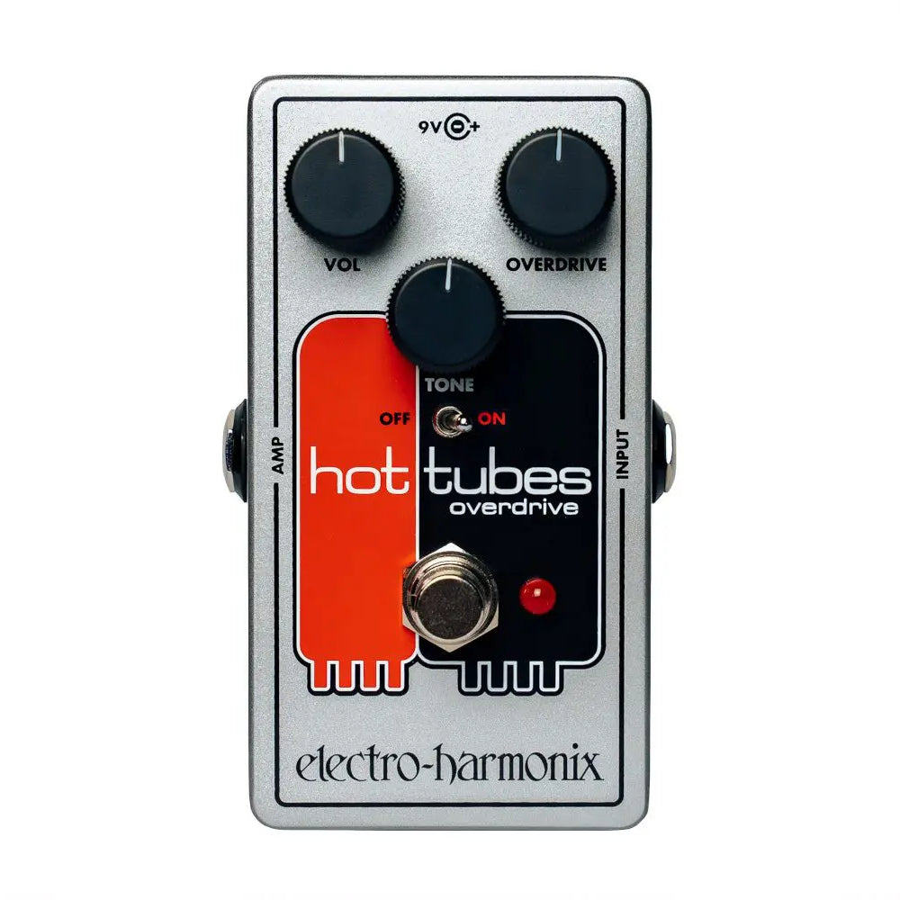 Front view of the Electro-Harmonix's Hot Tubes Nano overdrive pedal. There are three black control knobs, a metal switch, and metal on/off push button.