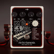 Front view of the Electro-Harmonix Key9 Piano synth pedal with cables connected on the sides and controls visisble.