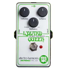 Front view of the Electro-Harmonix Lizard Queen Nano pedal. The pedal has a white chassis with green lettering and artwork.