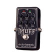 Front view of the Electro-Harmonix Nano Metal Muff guitar pedal. The pedal is black with white lettering, black control knobs, and metal on/off switch.