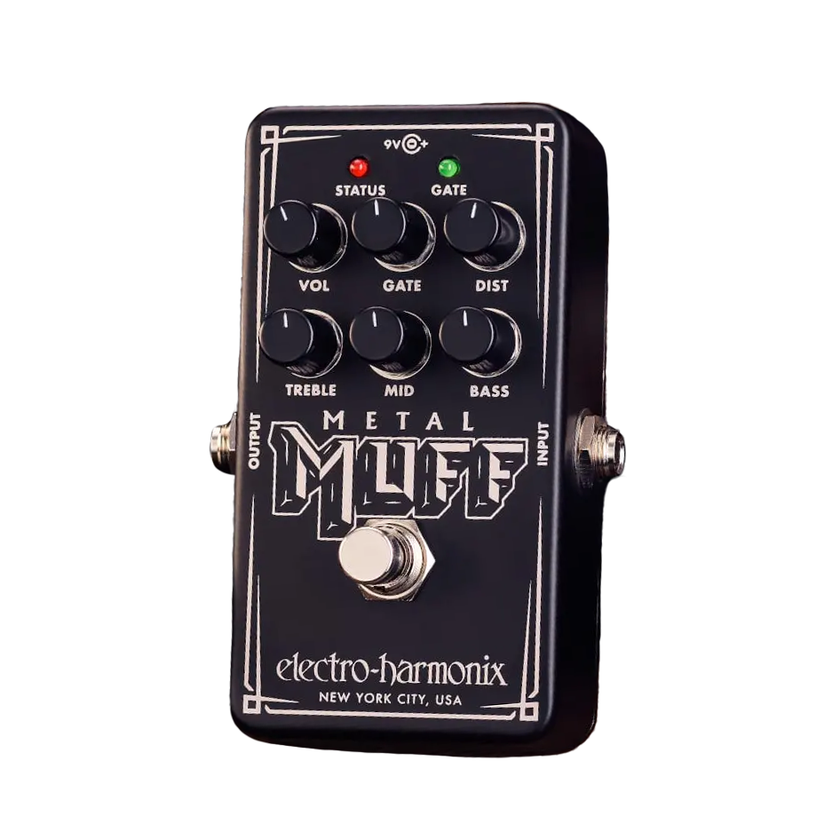 Front view of the Electro-Harmonix Nano Metal Muff guitar pedal. The pedal is black with white lettering, black control knobs, and metal on/off switch.