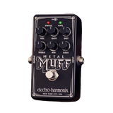Front view of the Electro-Harmonix Nano Metal Muff guitar pedal. The pedal is black with white lettering, black control knobs, and metal on/off switch.