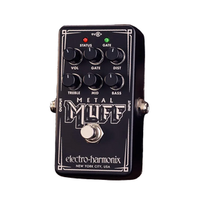 Front view of the Electro-Harmonix Nano Metal Muff guitar pedal. The pedal is black with white lettering, black control knobs, and metal on/off switch.