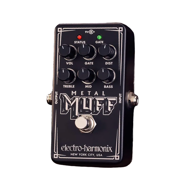 Front view of the Electro-Harmonix Nano Metal Muff guitar pedal. The pedal is black with white lettering, black control knobs, and metal on/off switch.