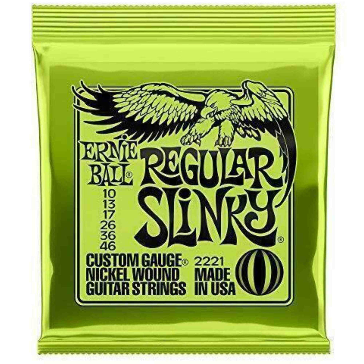 The image shows a package of Ernie Ball Regular Slinky electric guitar strings, model 2221, with bright green packaging and the eagle logo. It contains nickel-wound strings in the 10-46 gauge set (10, 13, 17, 26, 36, 46). This popular set offers a balanced tone and playability, favored by guitarists across genres. Ernie Ball is a trusted brand known for quality guitar strings.